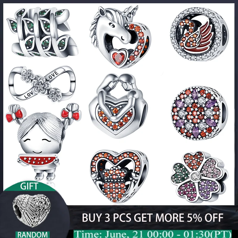 

HOT Real 925 Sterling Silver Pink Zircon Noble Swan Beads Charms Fit Original Pandora Bracelets Bangle Women For Jewelry Making