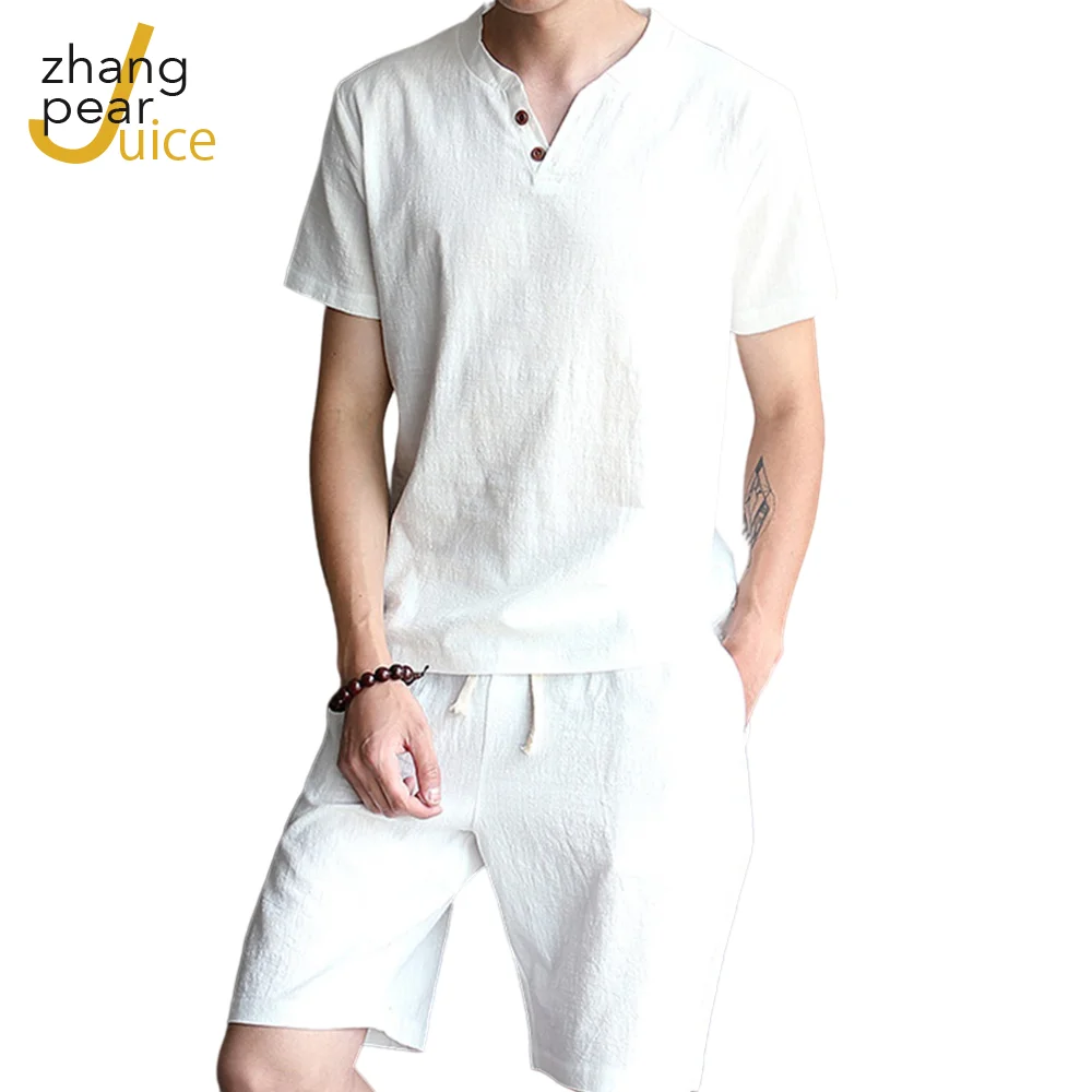 

Fashion Solid Short Sleeve Shirt Set Men's Cotton Linen Casual Shorts Suit Men's Daily V Neck Button Shirt Two-piece Set