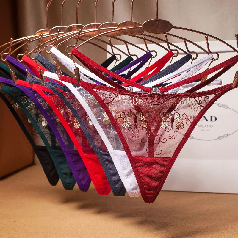

Ultra-thin Transparent Thong Women's Mesh Embroidery Embroidery Sexy Diamond Jewelry Temptation T-shaped Panties Low Waist