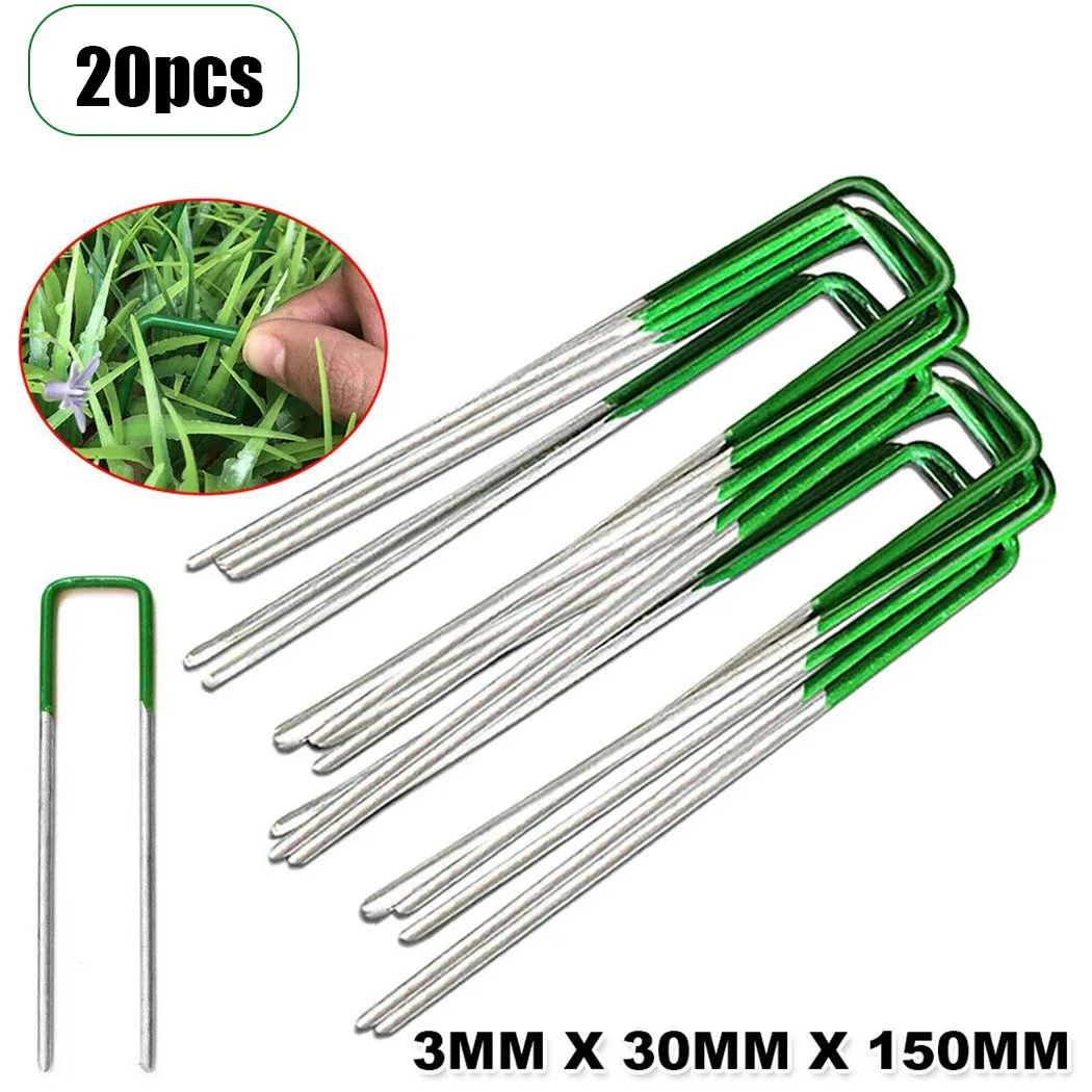 20pcs Artificial Fake Grass Staples Turf Lawn U-shape Pins Metal Galvanised Garden Weed Fixing Pegs Plant Support 150mm