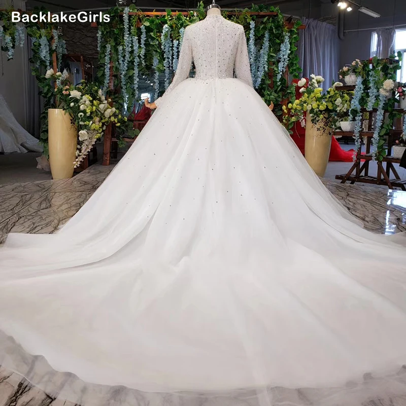 2020 Новое мусульманское свадебное платье с высоким воротом и длинными рукавами