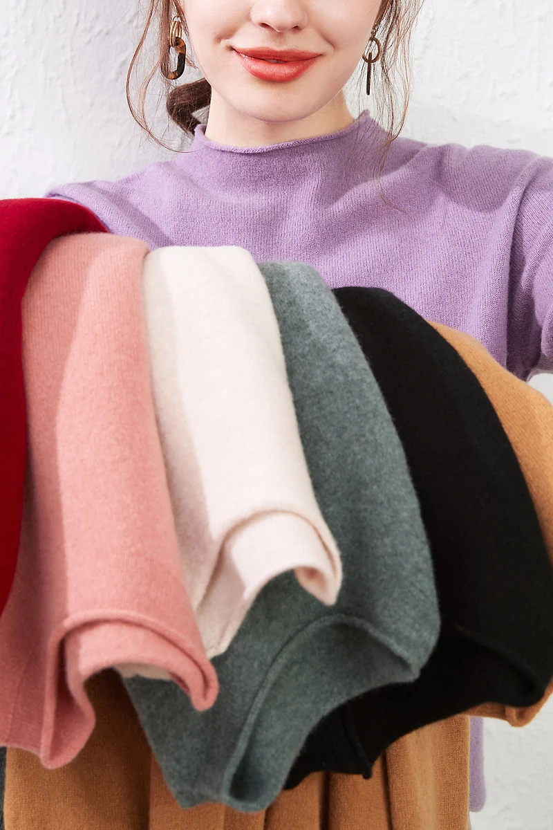 

SuyaDream Women Color Wool Sweaters 100%Wool Mock Neck Pullovers Solid Basic Sweaters 2021 Fall Winter Top