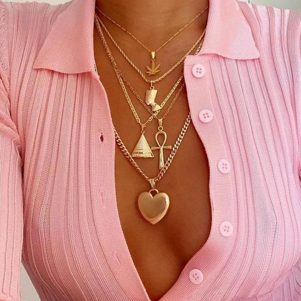

2021 Chain Necklace Multilayer Heart Leaf Pyramid Ancient Egyptian Pharaoh Pendant Necklace Punk Lady Jewelry Gifts AM3096