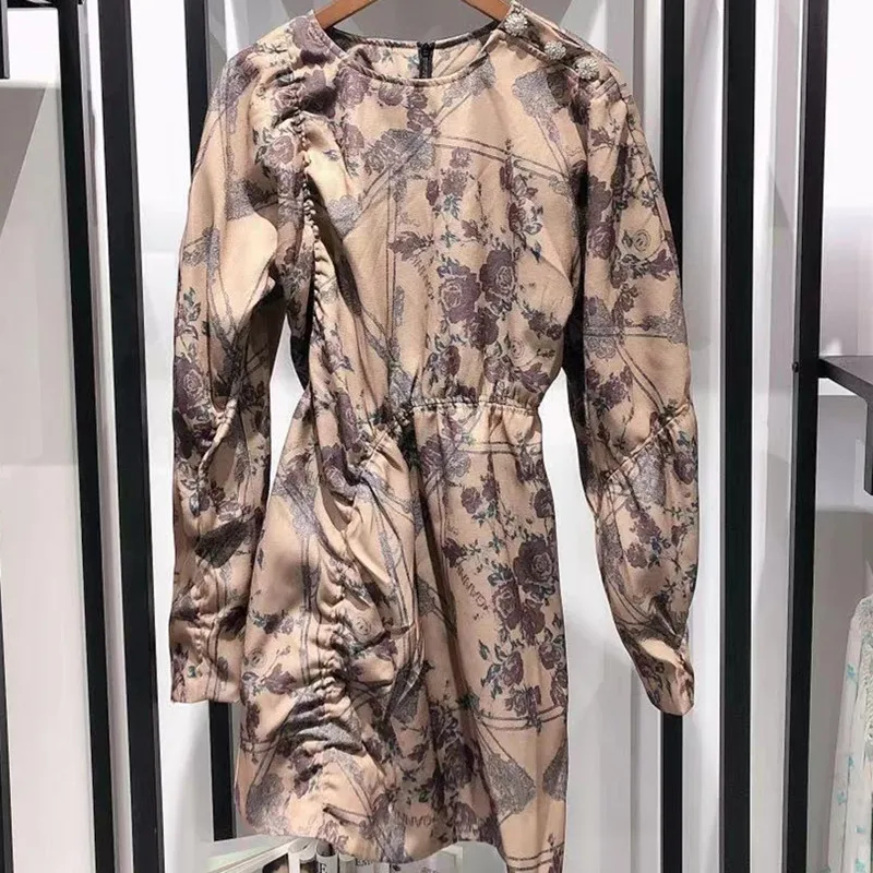 

Women's Short Robe Crystal Buckle Floral Printed Long Puff Sleeve Early Autumn 2021 New O-neck Ladies Mini Dress