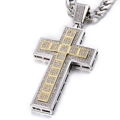 Small Silver Cross Двойная трендовая подвеска в виде креста, блестящий кристалл, черная/Серебряная/Золотая цепочка, ожерелье для мужчин, ожерелье в стиле хип-хоп, ювелирные изделия, кубинские ожерелья - Окраска металла: Small Silver Cross