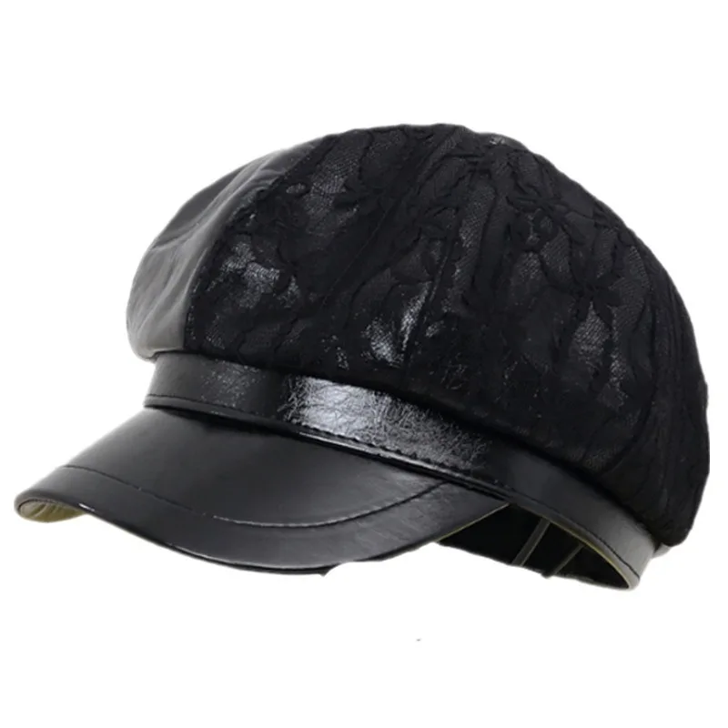 Восьмиугольный женский корейский модный кружевной однотонный кожаный берет с