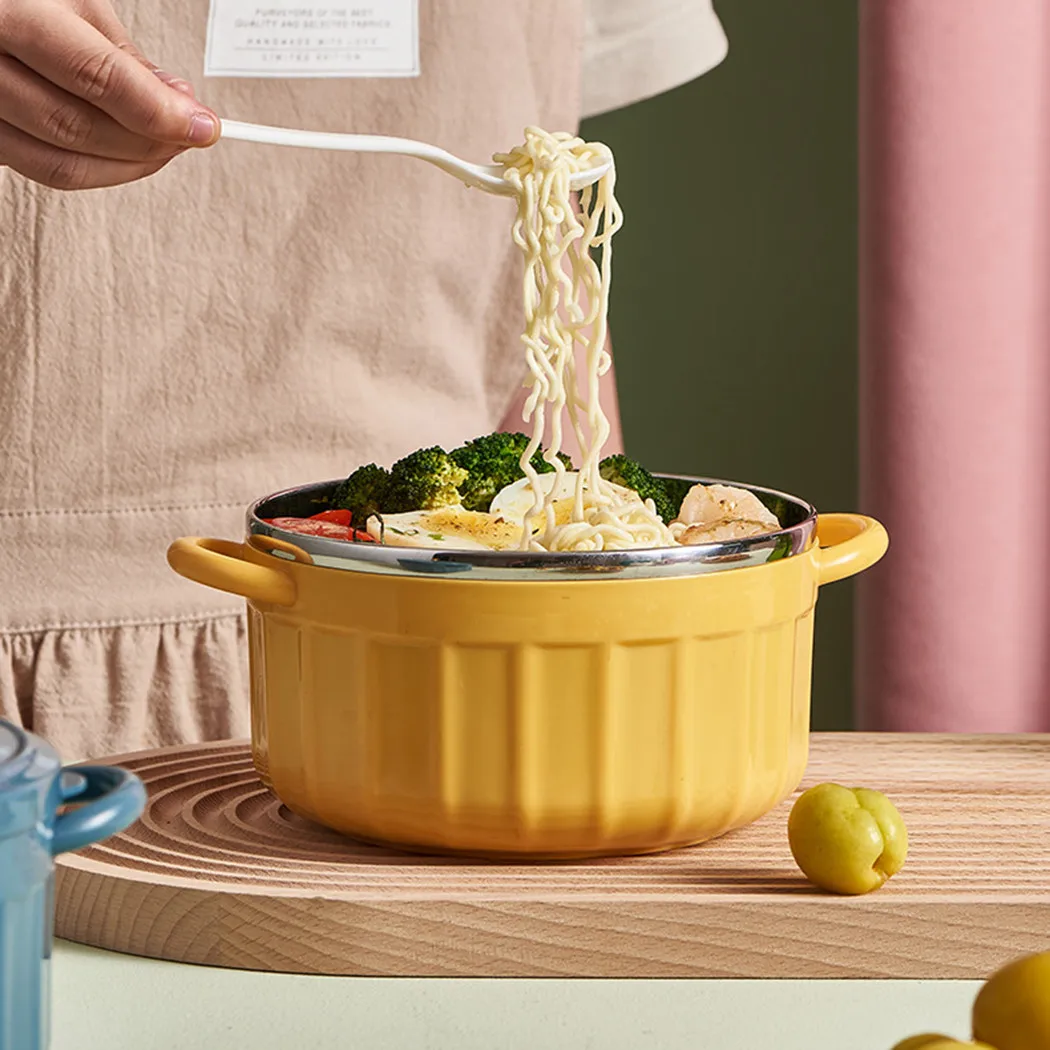 

Double Instant Ramen Bowl With Lid Spoon Cute Stainless Steel Large Capacity Noodle Fruit Salad Soup Bowl Set KitchenTableware