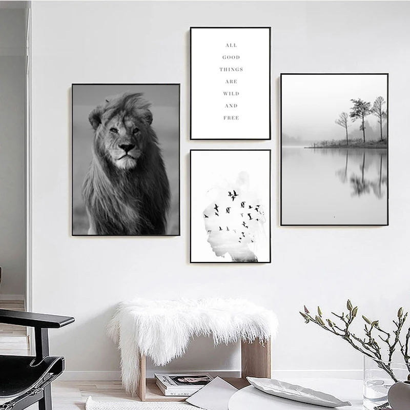 Холст с изображением черного белого льва неба туманного озера|Рисование и