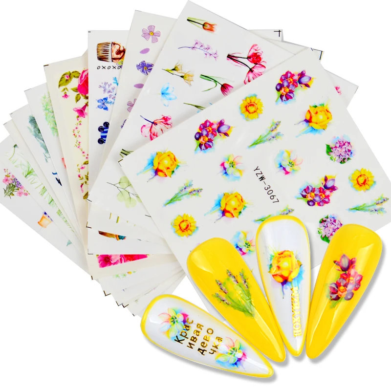 

YWK 1PC Simple Flowers Nail Stickers Decal Watercolor Green Leaves Sliders Wrap DIY Manicuring Nail Watermark Tips