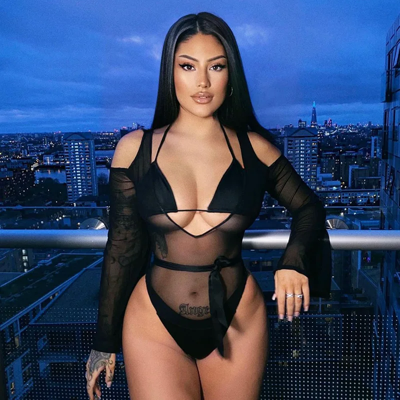 

Женский пикантный комплект из двух предметов, черный/хаки комплект с глубоким V-образным вырезом, длинным рукавом и открытыми плечами, нижне...