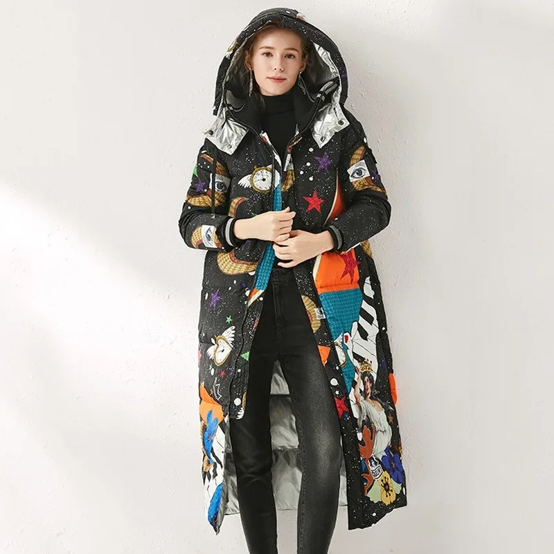 Женское винтажное пальто на утином пуху модельное длинное толстое с капюшоном и