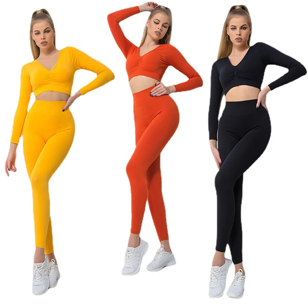 

Women's Seamless Fitness Clothin Long-Sleeved Shirt Gym Wear Sports Bra Yoga Sport Set Leggings For Home Clothes Ropa De Mujer