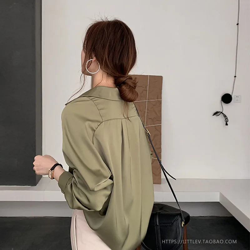 Женская блузка с длинным рукавом однотонная Свободная рубашка большого размера