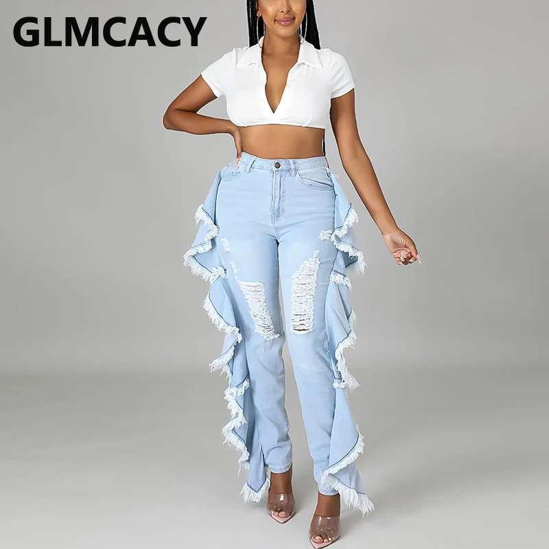 

Women Chic Ripped Denim Pants Ruffles Detail Light Blue Jeans