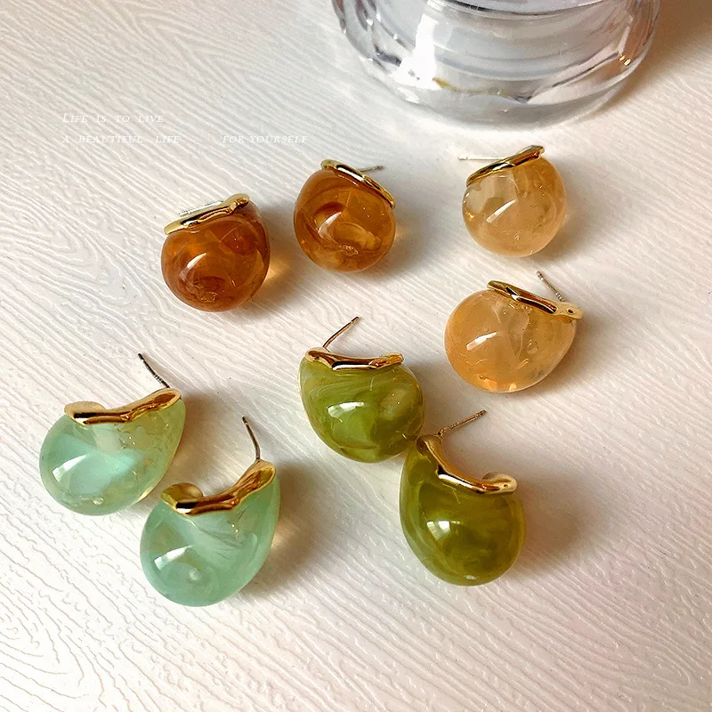 

925 silver needle C type resin earrings geometric transparent earrings Korea simple retro temperament cool wind drop earrings