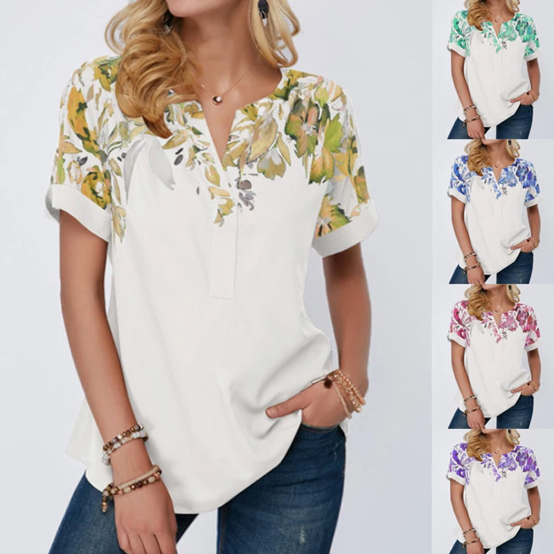 

Vintage Floral Print Women T Shirts Casual Short Sleeve Loose V-Neck Streetwear Independent Station Wish Cross 2021