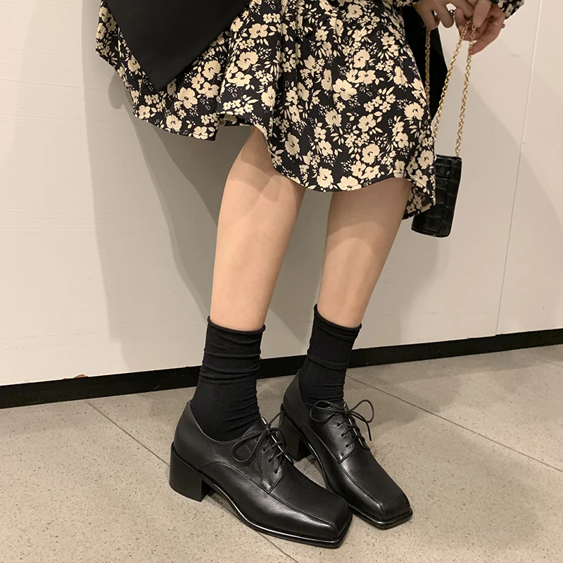 

Women Genuine Leather Chunky Heel Loafers Skid Proof Lace Up Shoes Leather Retro Square Toe Girls Shoes 2021 New Shoe for Women