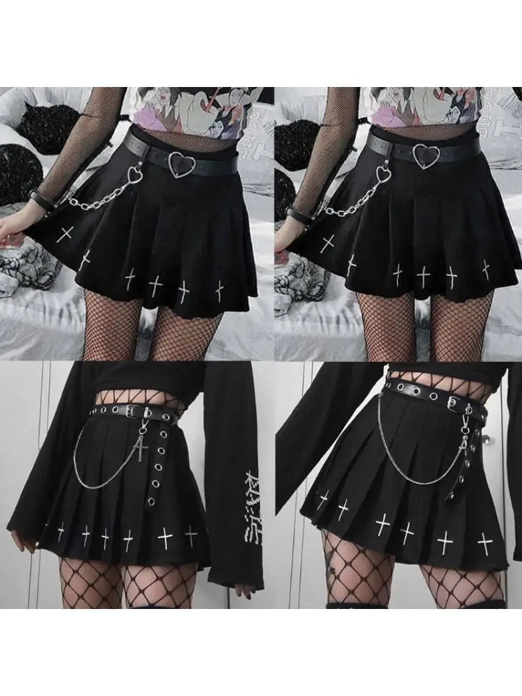 

Women Punk Cross Embroidery Black Mini Pleated Skater Skirt Ruffle High Waist A-Line Dark Gothic Harajuku Streetwear