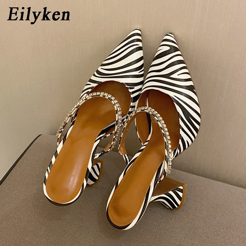 

Eilyken New Arrived Summer Rhinestone Chain Zebra Crossing Women Pumps Fashion Sexy Pointed Toe Ladies Outdoor Beach Slide Shoes