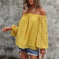 womens 2021 one shoulder loose top long sleeve summer fluffy ball girl sexy casual lantern sleeve patchwork tee dropshipping