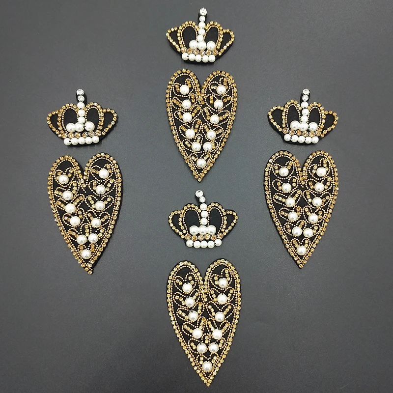

Handicraft Pearl Crown Heart Look Manual Rhinestone Bead Flower Applique T-Shirt Patches For Clothing Shoes Bag DIY Sewing