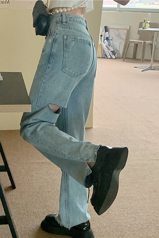

IEQJ 2021 new spring and summer fashion women clothes high waist flare bottom hollow out knee korea styles jeans WR24905L