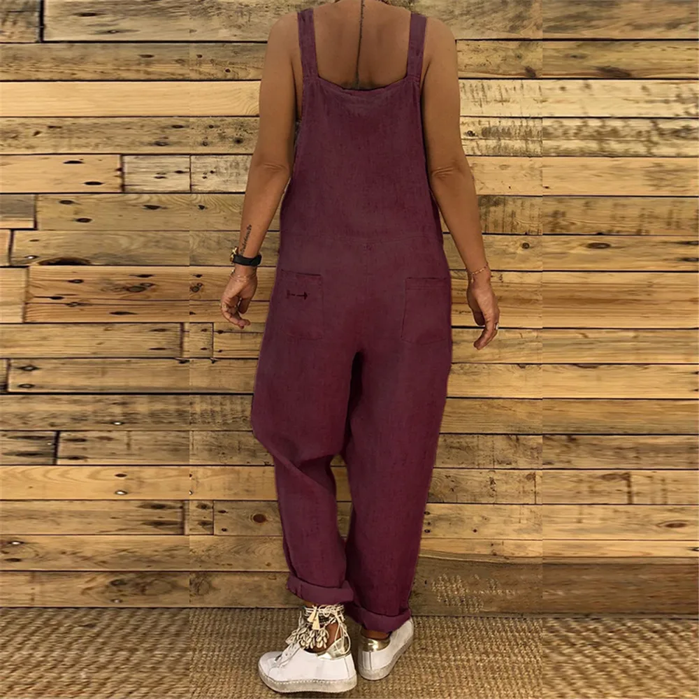 Women Casual Solid Jumpsuits Strappy Dungarees Vintage Cotton Linen Loose Harem Bib Overalls Wide Leg Pant Lace Up Long Rompers