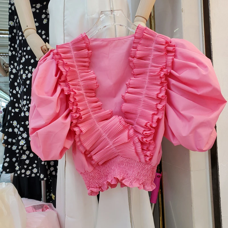 

Summer Fashion Ladies Pullover Shirt Women Blouse Tops V Neck Chic Ruffles Puff Sleeve Short Crop Top Slim Women Clothes SL171