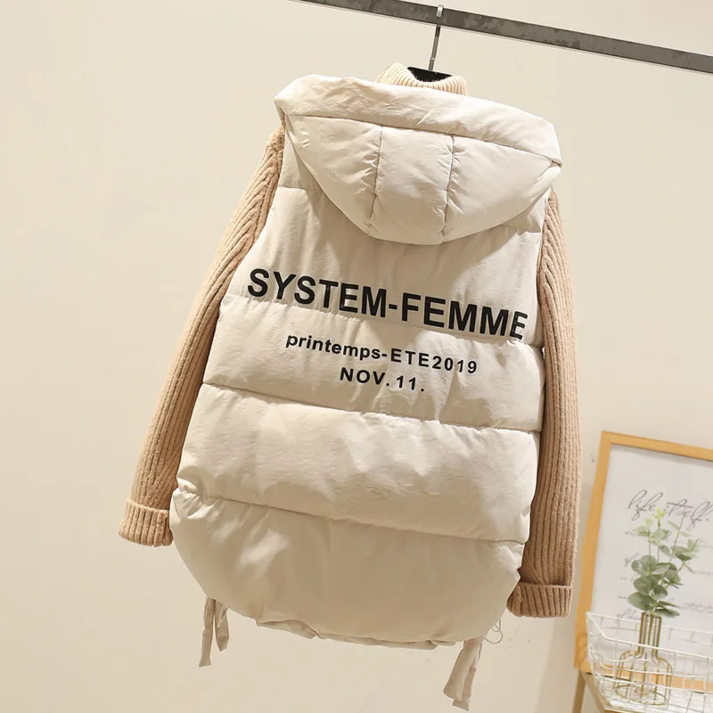 

2020 Winter Women New Style Fashion Hooded Sleeveless Letter Pattern Double Zipper Medium Length Casual Loose Vest V844