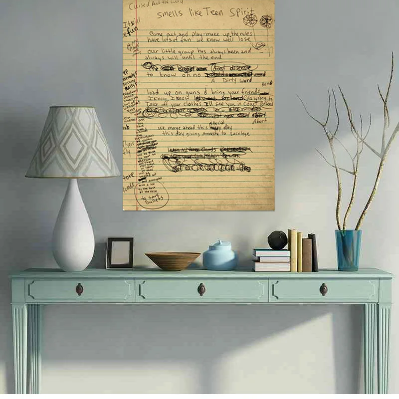 

Nirvana Kurt Smells Like Teen Spirit Handwritten Lyrics Poster Vintage Canvas Painting Rock Music Prints Wall Art Picture Decor