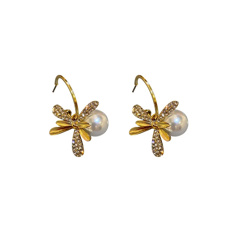 

2021 new geometricpetal female earrings Korean temperament pearl earrings pendant creative versatile ear hook jewelry