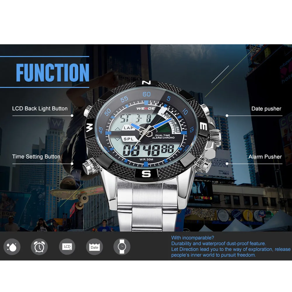 WEIDE lcd Цифровые многофункциональные кварцевые мужские часы модный стальной