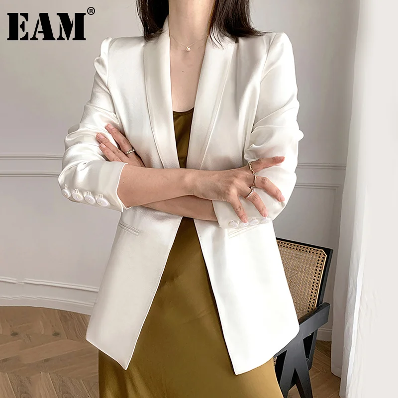 

[EAM] Women White Brief Temperament Blazer New Notched Long Sleeve Loose Fit Jacket Fashion Tide Spring Autumn 2022 1DD7019