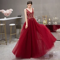 new arrival 2020 sexy v neck crystal beaded evening dress wine red tulle a line evening long dress for party
