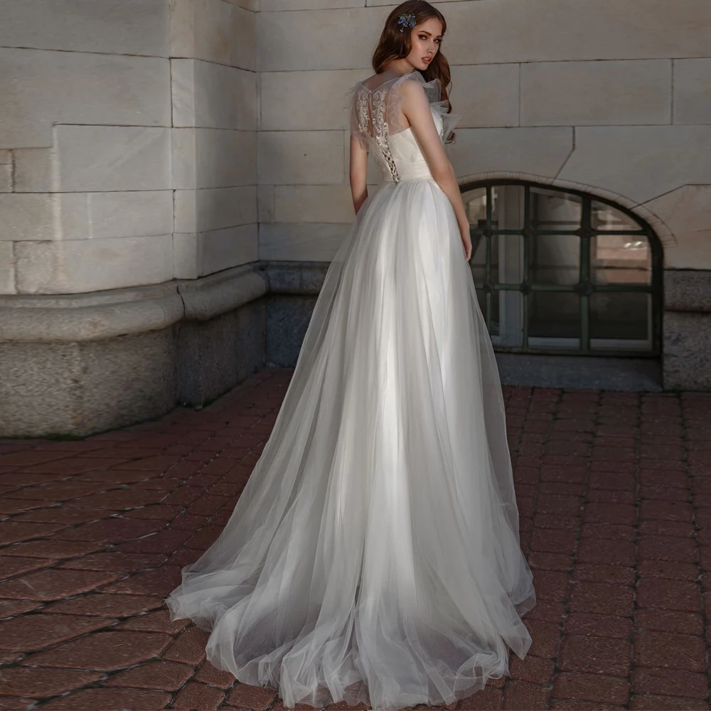 

Vestidos Elegant Wedding Dresses Tulle Illusion Appliques Bateau Sleeveless Lace Up Ball Bridal Gowns