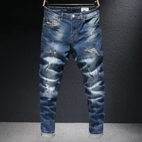european vintage fashion men jeans retro blue elastic slim fit ripped jeans men destroyed distressed designer denim pencil pants