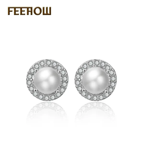 Round White FEEHOW модные свадебные Букле д 'ореиль ювелирные изделия элегантные циркониевые кристаллы цветок жемчужные серьги для женщин подружки невесты подарок FWEP075 - Окраска металла: Round White
