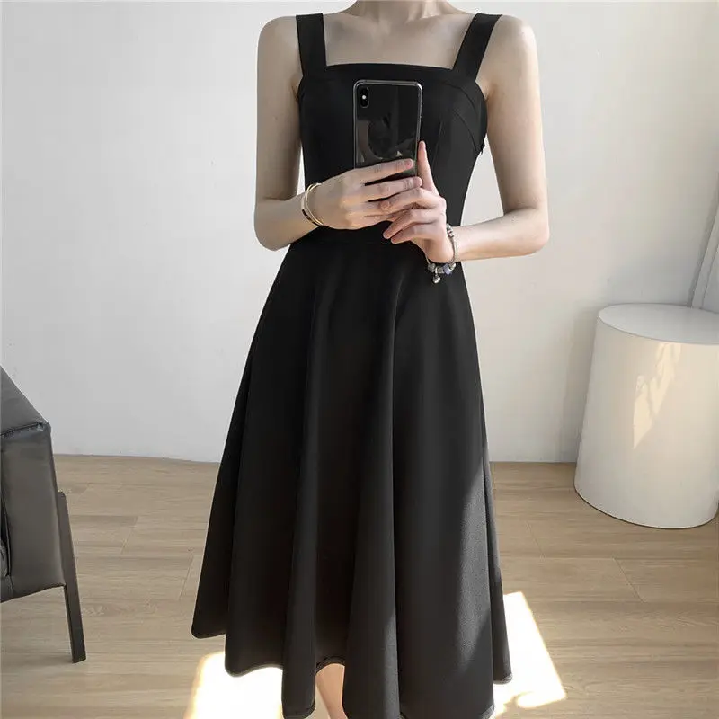 Women Sleeveless Dress Plus Size 3XL Solid Elegant Slim High Waist Retro Spaghetti Strap Backless Female Sexy Daily Streetwear | Женская