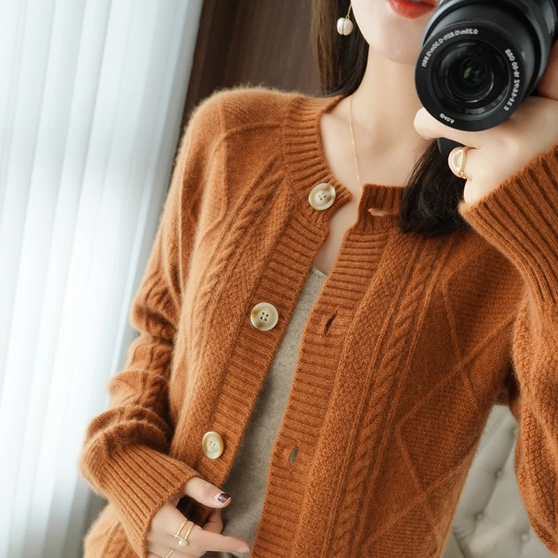 

Women's sweater winter 100% wool cardigan round neck cashmere sweater casual solid color plus size ladies knitted top