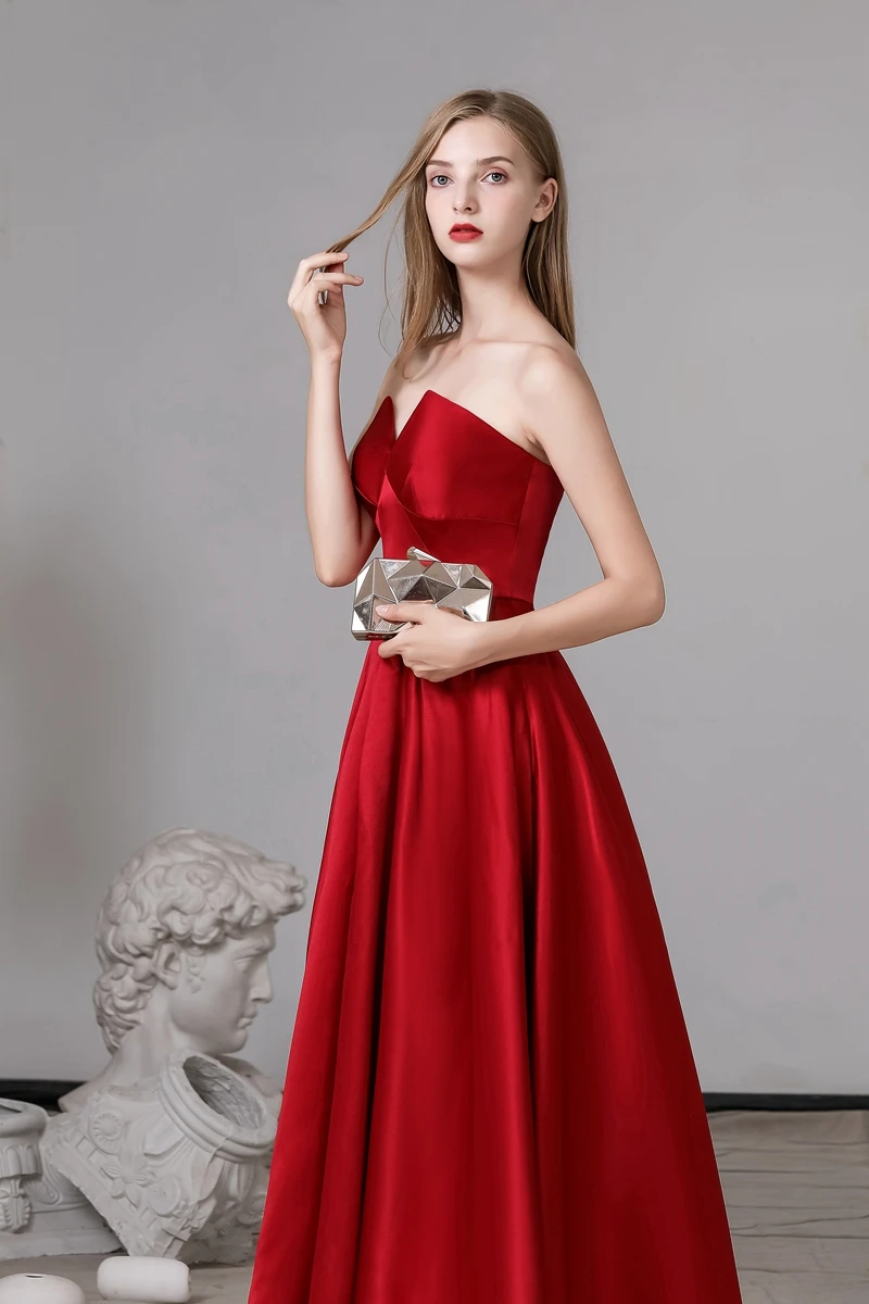 

Strapless Red Evening Party Dress High Split A Line Corset Soft Satin Sexy Cocktail Prom Gown 2020 Lace Up Custom Made #969