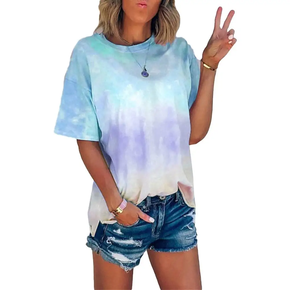 

Women Fashion T-shirt O Neck Short Sleeve Gradient Color Tie Dye Loose Blouse Fashion T-shirt Blouse