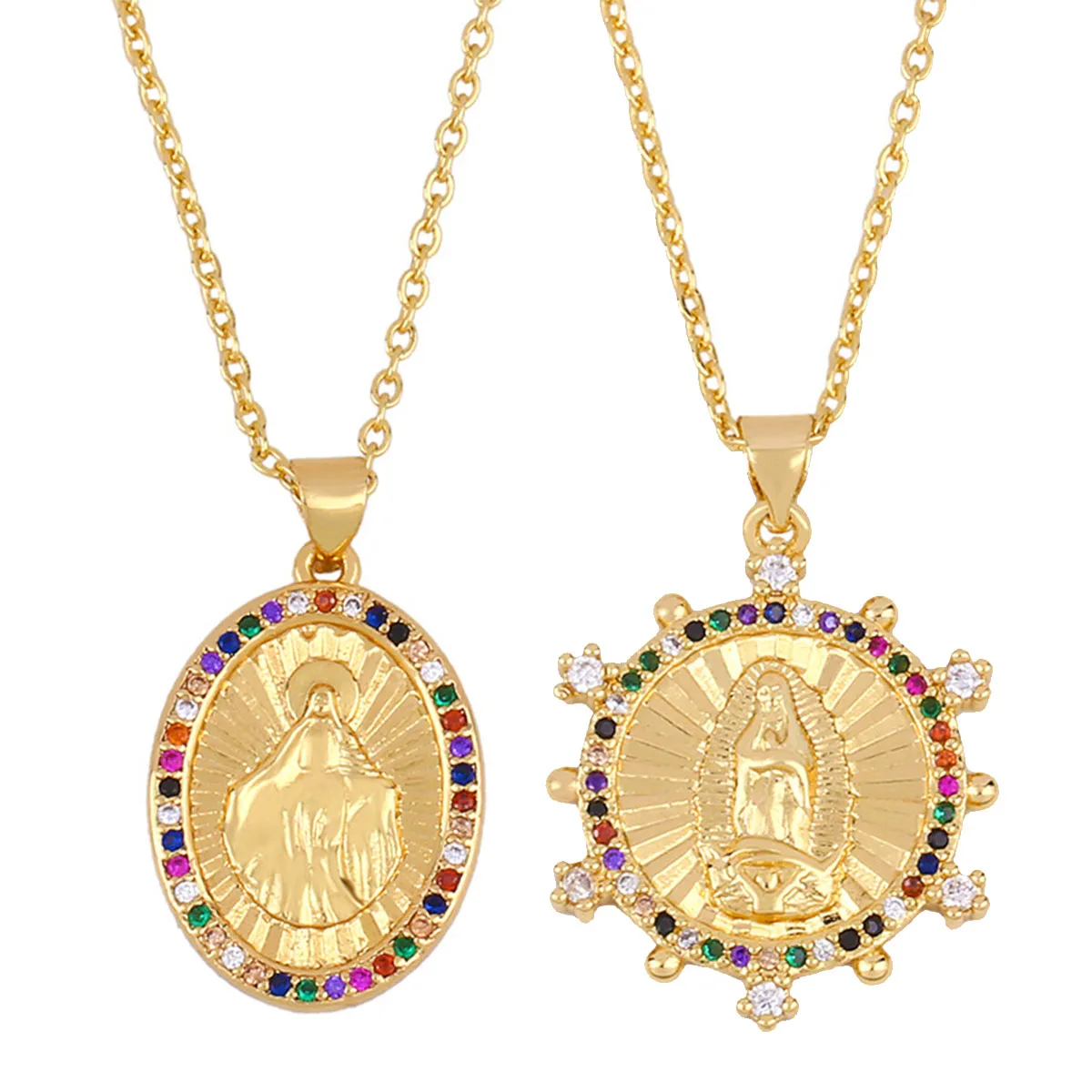 

Oval Goth Colorful Zircon Gold Plated Virgin Mary Necklace Men's Chain For Women Catholic Pendant Choker Neck Christian Jewelry
