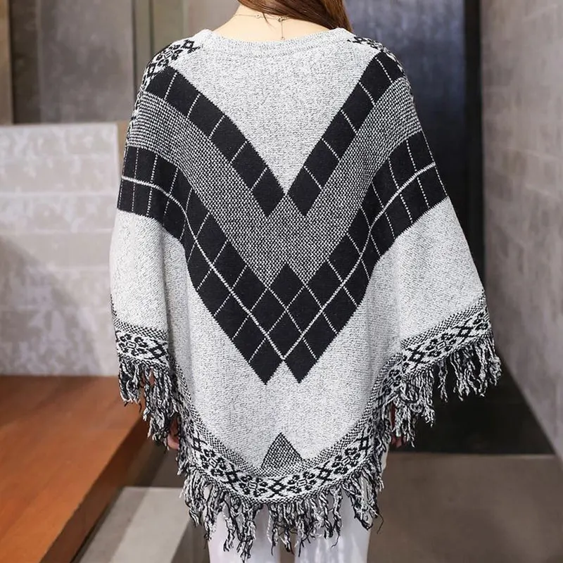 Women Oversized Sweaters Plaid Street Tassel Batwing Sleeve Midi Pullover Sweater Womens Capes and Ponchoes Knitwear Sudaderas | Женская