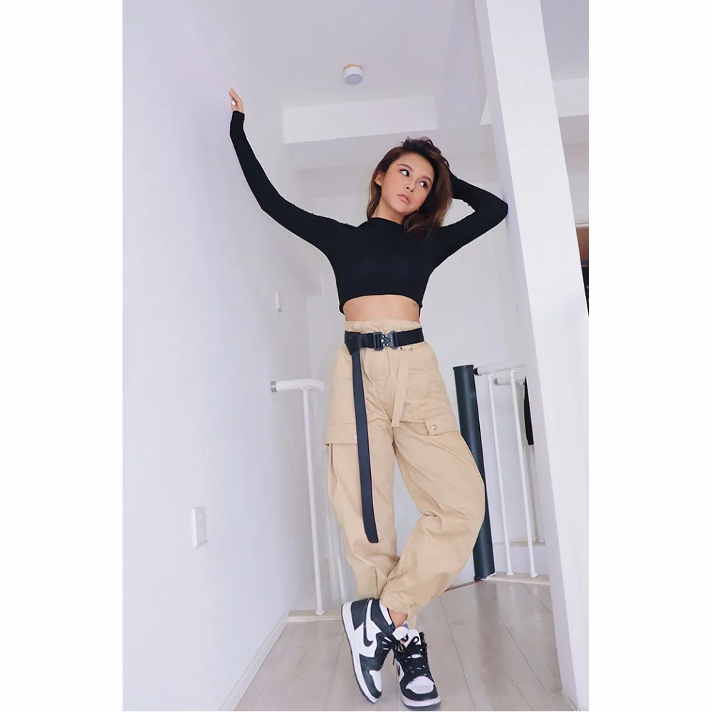 Женские брюки карго с пряжкой повседневные джоггеры черного хаки Amy Green свободные