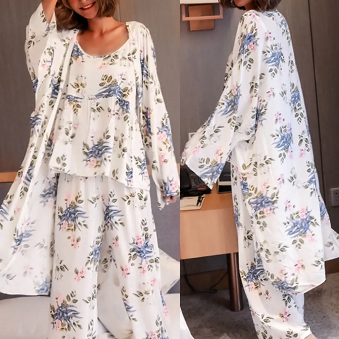 

Women Pajamas 3 Pieces Satin Sleepwear Pijama Silk Home Wear Home Clothing Embroidery Sleep Lounge Pyjama Pyjamas Set