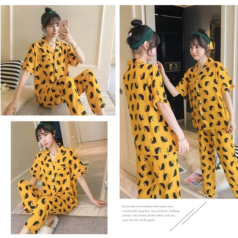 

2019 Spring New Ladies Pajamas Set Turn Down Collar Short Sleeve+Pants Loose Soft Comfort Sleepwear Cartoon Print Thin Homewear