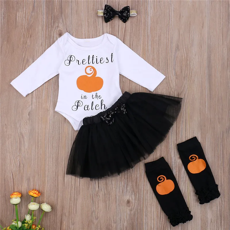 

Newborn Halloween Baby Girl Clothes Autumn Long Sleeve Pumpkin Letter Jumpsuit Sequins Bow Mesh Tutu Skirt Leg Warmers Headband