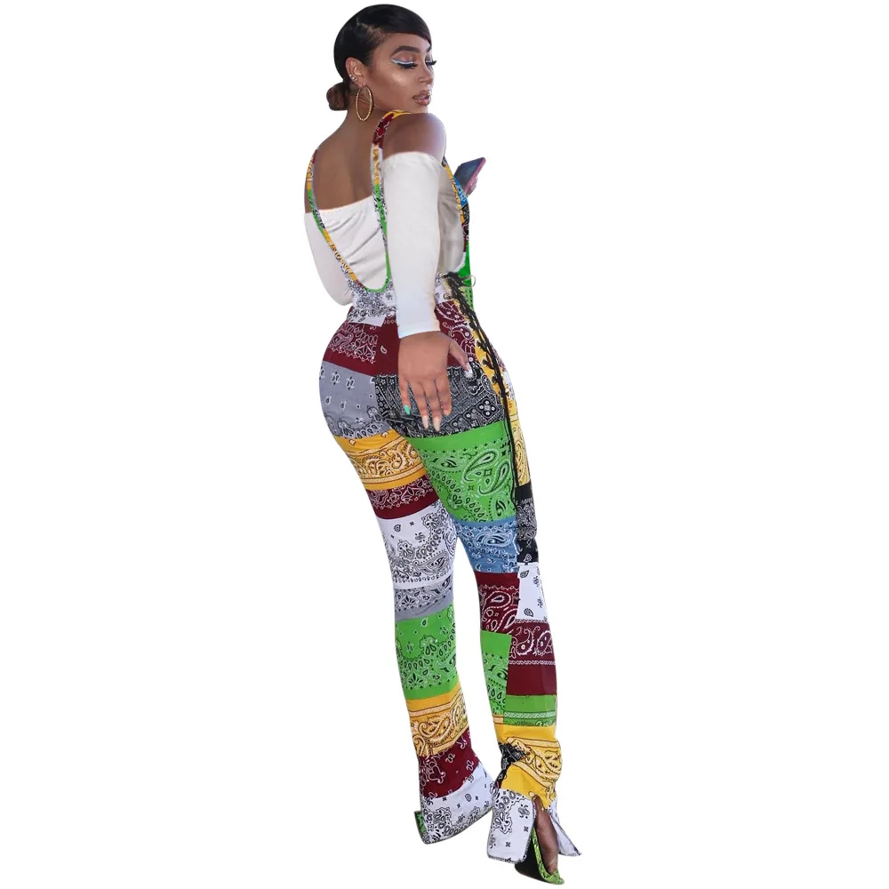 

Cutubly Side Grommet Lace Up Sexy Jumpsuit Print Patchwork Rompers And Jumpsuits For Women Fashion Split Bottom Suspender Pants