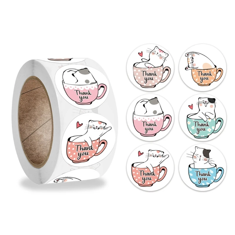 

500Pcs/Roll Cute Kitty Cat Round Thank You Stickers Party Gift Packaging Labels