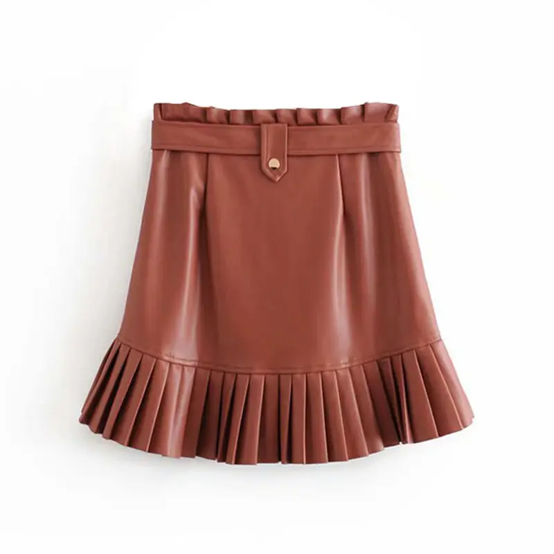 Женская шикарная плиссированная юбка из искусственной кожи 2020 с поясом на талии